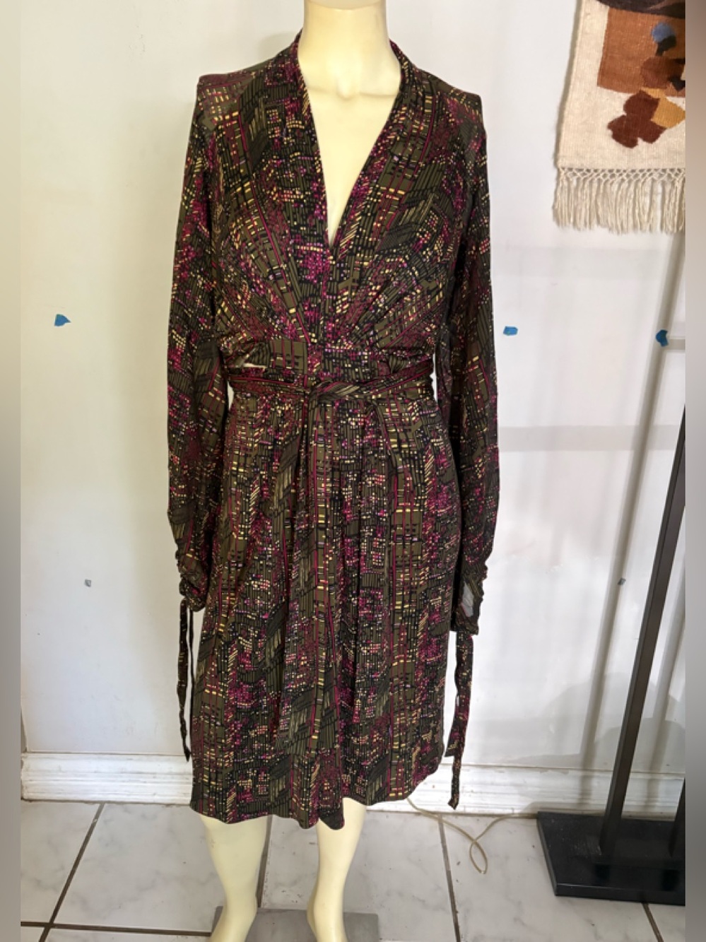 Issa London Olive, Magenta and Gold Patterned Long Sleeve Silk Wrap Dress Size 6